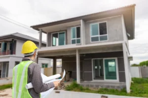 construction worker holding blueprint in front of a presale home