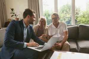 senior couple discussing with mortgage broker over laptop in living room