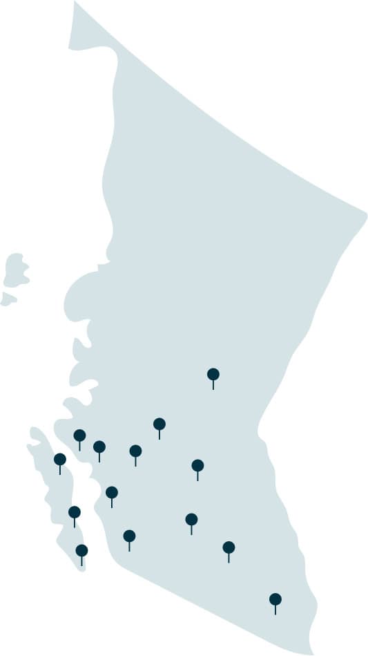 Graphic map of BC and the areas Paul Hudson provides Mortgage services to