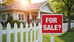 A residential home in British Columbia with a ‘For Sale?’ sign, illustrating the risk of title fraud for homeowners.